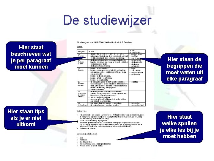 De studiewijzer Hier staat beschreven wat je per paragraaf moet kunnen Hier staan tips