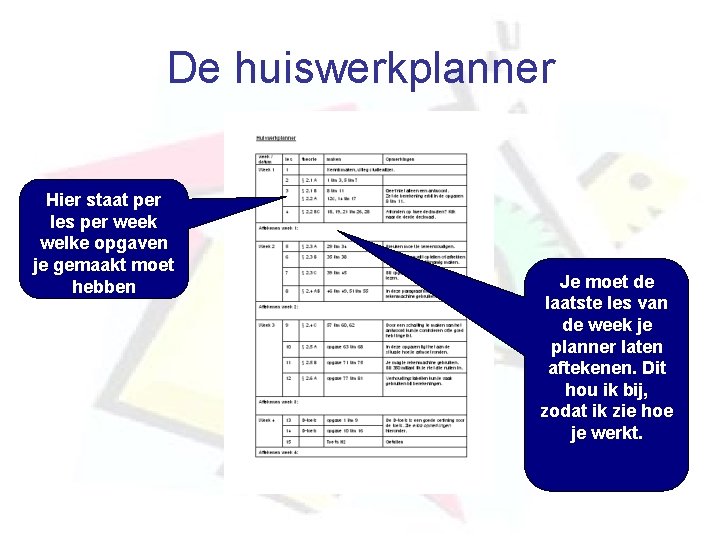 De huiswerkplanner Hier staat per les per week welke opgaven je gemaakt moet hebben