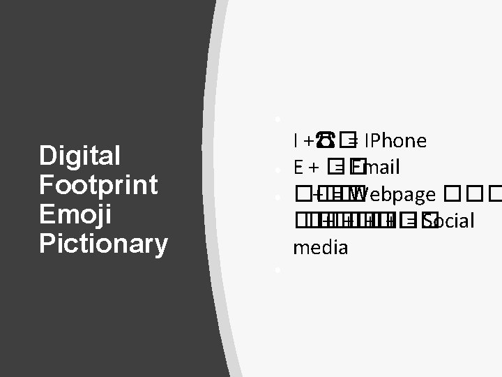 ● Digital Footprint Emoji Pictionary ● ● ● I +☎�= IPhone E + ��