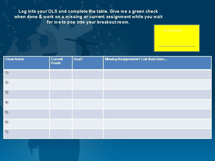 Log into your OLS and complete the table. Give me a green check when