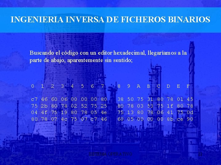INGENIERIA INVERSA DE FICHEROS BINARIOS Buscando el código con un editor hexadecimal, llegaríamos a
