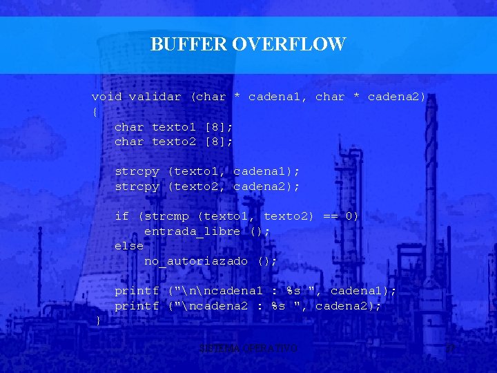 BUFFER OVERFLOW void validar (char * cadena 1, char * cadena 2) { char