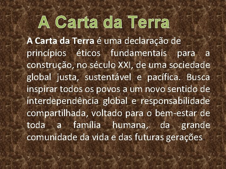 A Carta da Terra é uma declaração de princípios éticos fundamentais para a construção,
