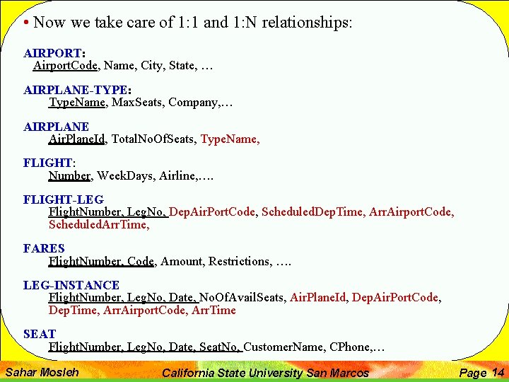  • Now we take care of 1: 1 and 1: N relationships: AIRPORT: