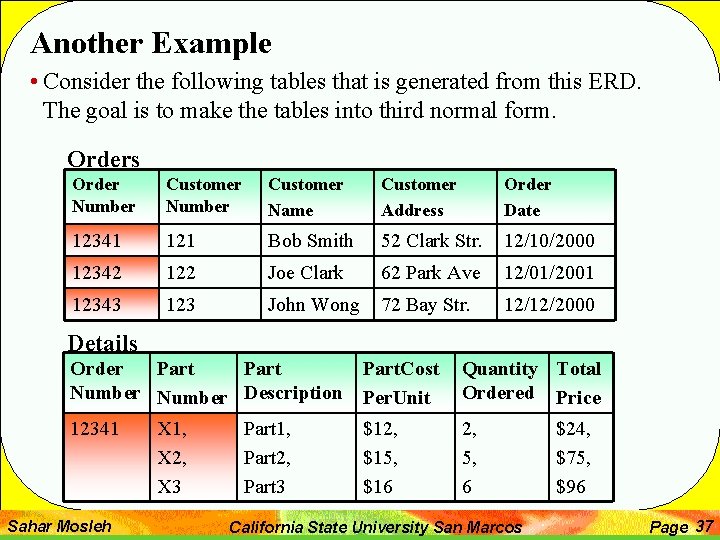Another Example • Consider the following tables that is generated from this ERD. The