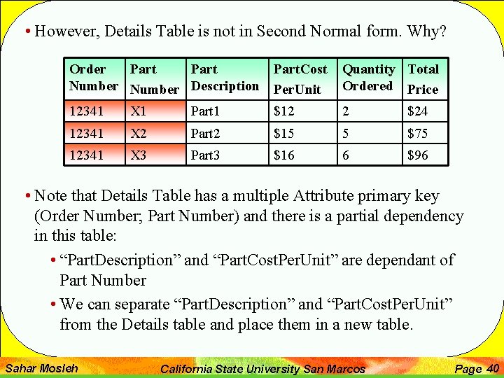  • However, Details Table is not in Second Normal form. Why? Order Part.