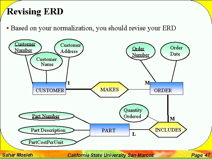 Revising ERD • Based on your normalization, you should revise your ERD Customer Number
