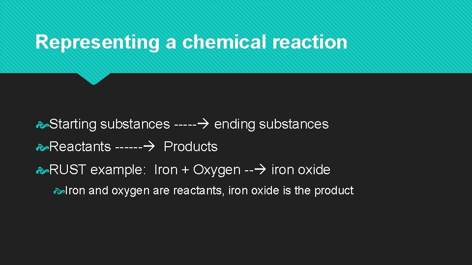 Representing a chemical reaction Starting substances ----- ending substances Reactants ------ Products RUST example: