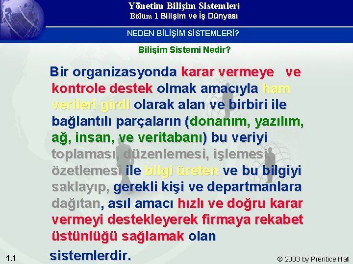 Yönetim Bilişim Sistemleri Bölüm 1 Bilişim ve İş Dünyası NEDEN BİLİŞİM SİSTEMLERİ? Bilişim Sistemi