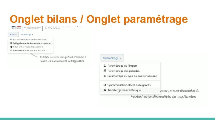 Onglet bilans / Onglet paramétrage 