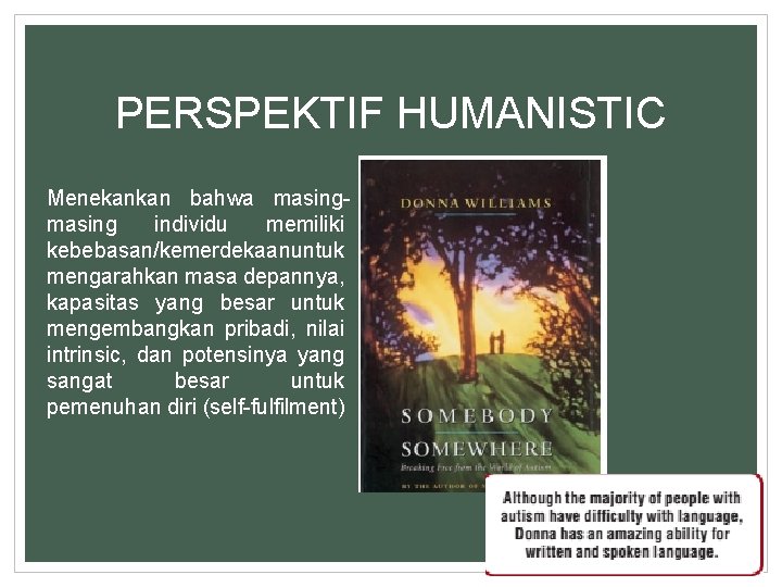 PERSPEKTIF HUMANISTIC Menekankan bahwa masing individu memiliki kebebasan/kemerdekaanuntuk mengarahkan masa depannya, kapasitas yang besar