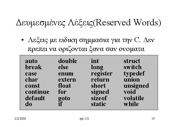 Δευμεσμένες Λέξεις(Reserved Words) • Λεξεις με ειδικη σημμασια για την C. Δεν πρεπει να