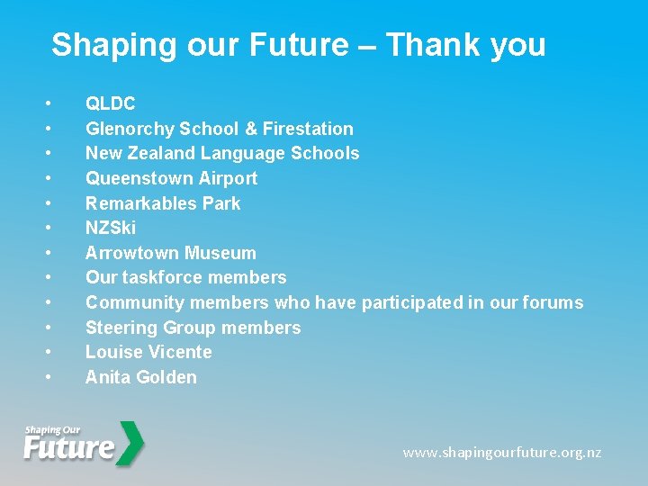 Shaping our Future – Thank you • • • QLDC Glenorchy School & Firestation