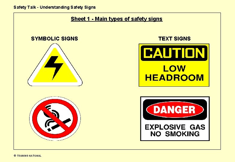 Safety Talk - Understanding Safety Signs Sheet 1 - Main types of safety signs