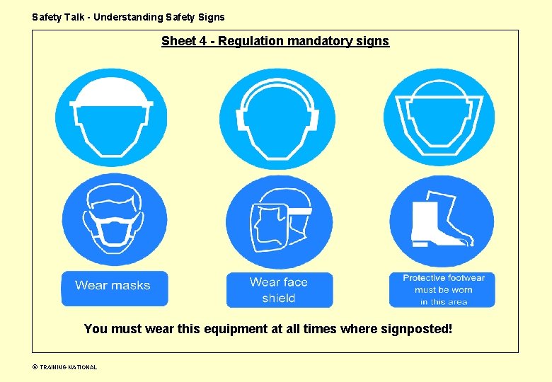 Safety Talk - Understanding Safety Signs Sheet 4 - Regulation mandatory signs You must