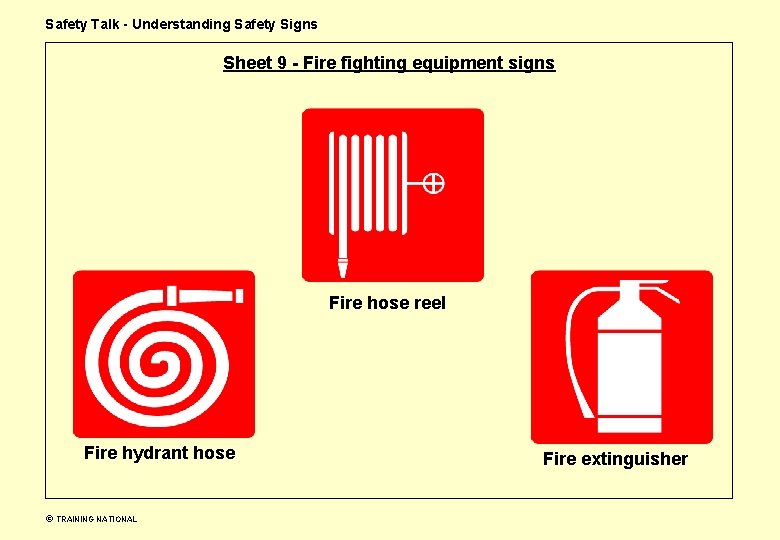 Safety Talk - Understanding Safety Signs Sheet 9 - Fire fighting equipment signs Fire