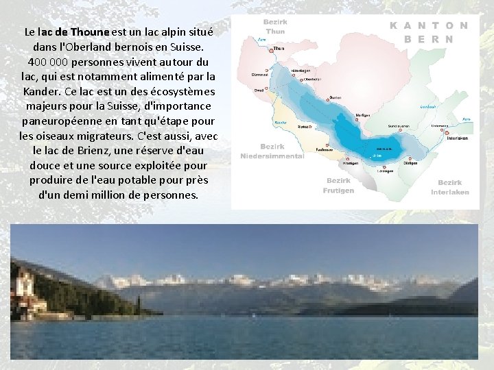 Le lac de Thoune est un lac alpin situé dans l'Oberland bernois en Suisse.