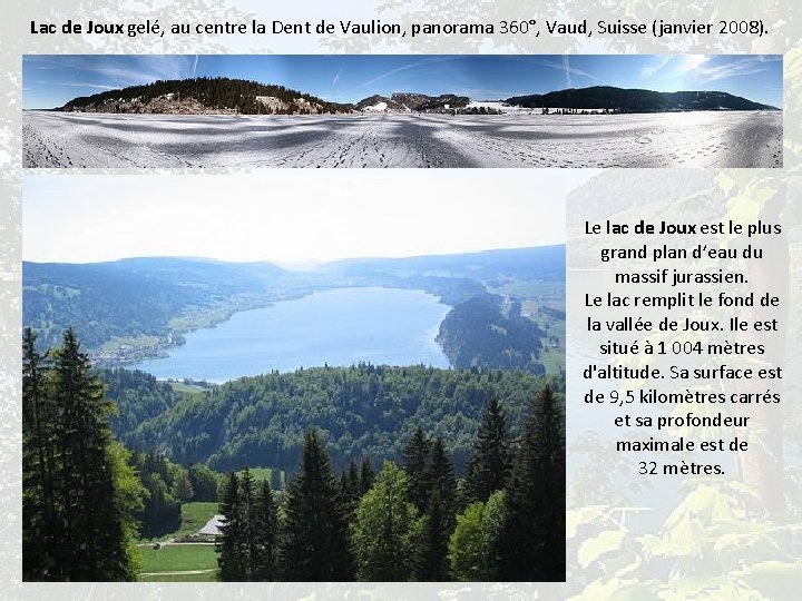 Lac de Joux gelé, au centre la Dent de Vaulion, panorama 360°, Vaud, Suisse