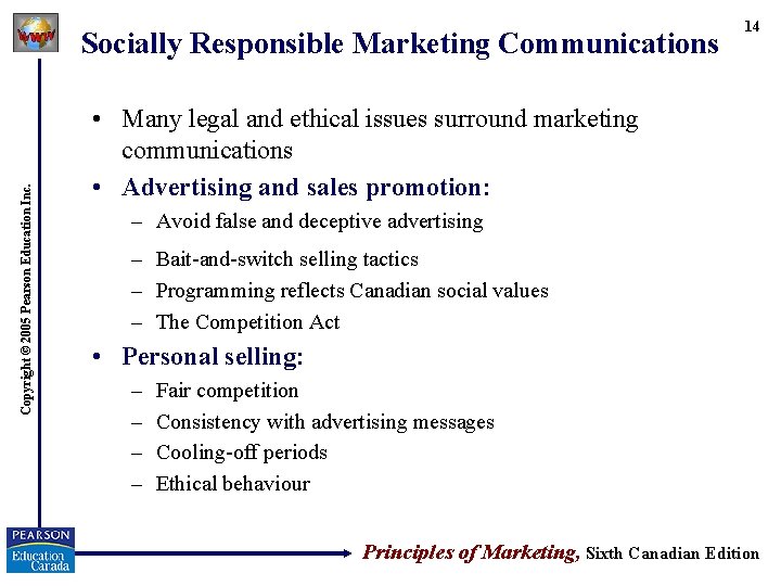 Copyright © 2005 Pearson Education Inc. Socially Responsible Marketing Communications 14 • Many legal