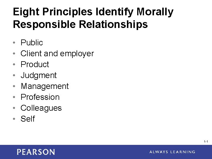 Eight Principles Identify Morally Responsible Relationships • • Public Client and employer Product Judgment