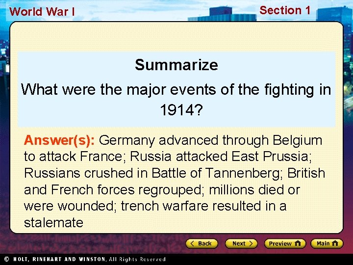 Section 1 World War I Summarize What were the major events of the fighting