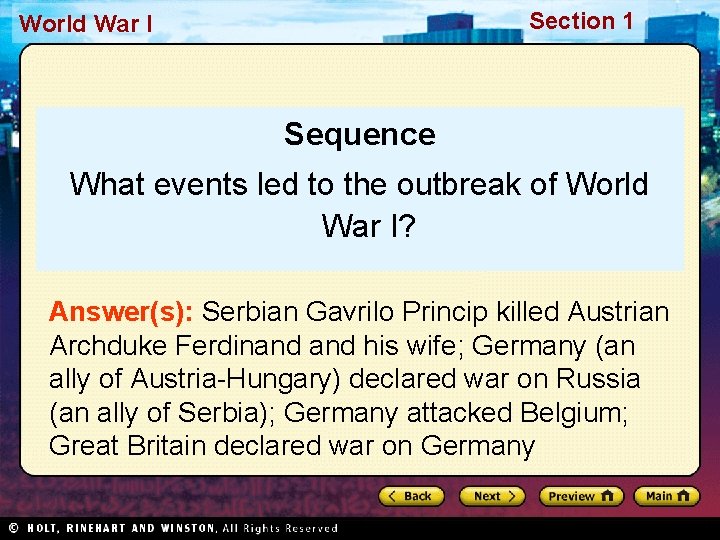 Section 1 World War I Sequence What events led to the outbreak of World