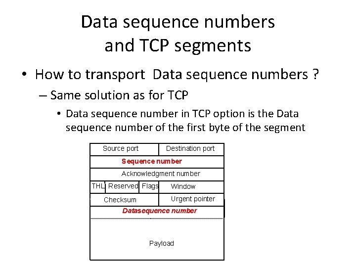Data sequence numbers and TCP segments • How to transport Data sequence numbers ?