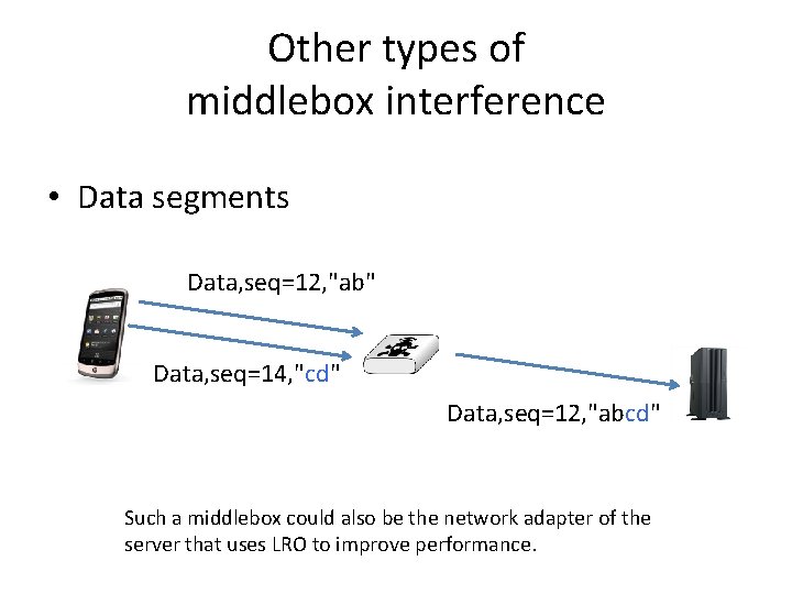 Other types of middlebox interference • Data segments Data, seq=12, "ab" Data, seq=14, "cd"