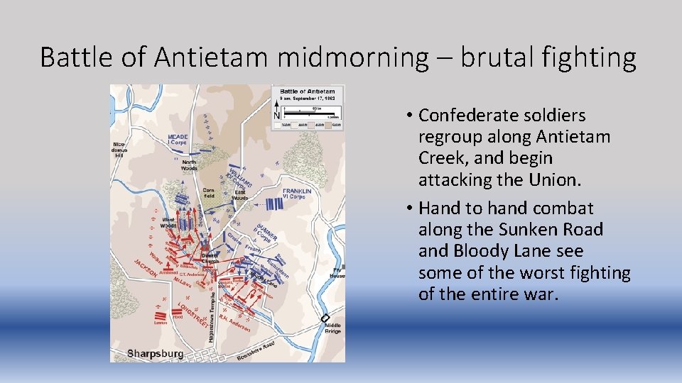 Battle of Antietam midmorning – brutal fighting • Confederate soldiers regroup along Antietam Creek,