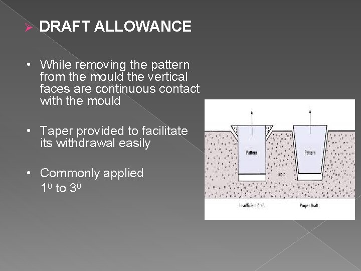 Ø DRAFT ALLOWANCE • While removing the pattern from the mould the vertical faces
