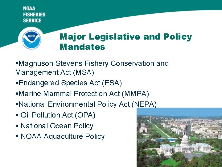 Major Legislative and Policy Mandates §Magnuson-Stevens Fishery Conservation and Management Act (MSA) §Endangered Species