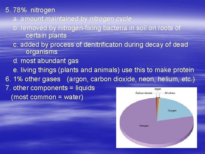 5. 78% nitrogen a. amount maintained by nitrogen cycle b. removed by nitrogen-fixing bacteria