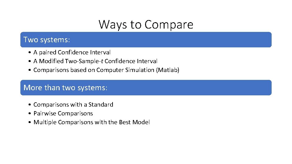 Ways to Compare Two systems: • A paired Confidence Interval • A Modified Two-Sample-t