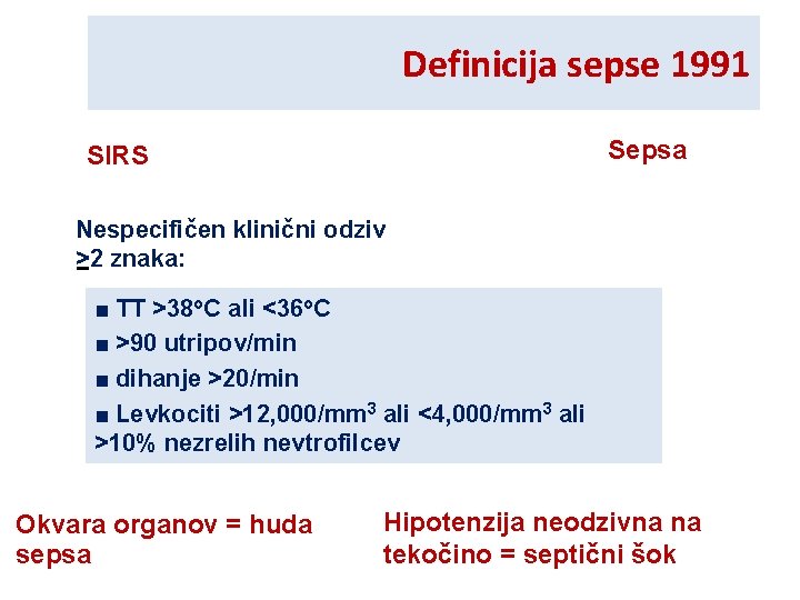 Definicija sepse 1991 Sepsa SIRS Nespecifičen klinični odziv >2 znaka: ■ TT >38 o.