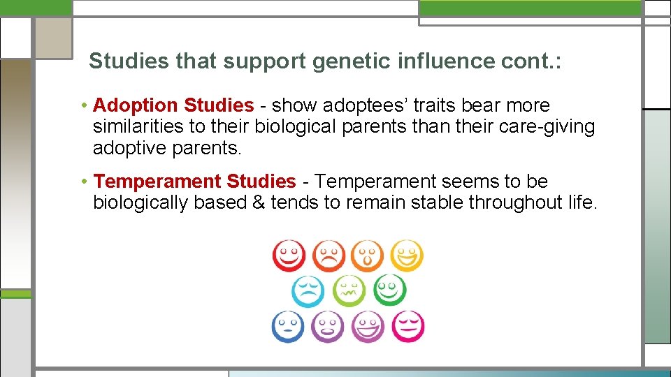 Studies that support genetic influence cont. : • Adoption Studies - show adoptees’ traits