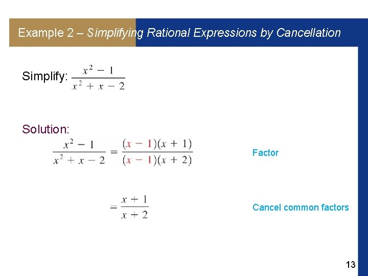 Example 2 – Simplifying Rational Expressions by Cancellation Simplify: Solution: Factor Cancel common factors