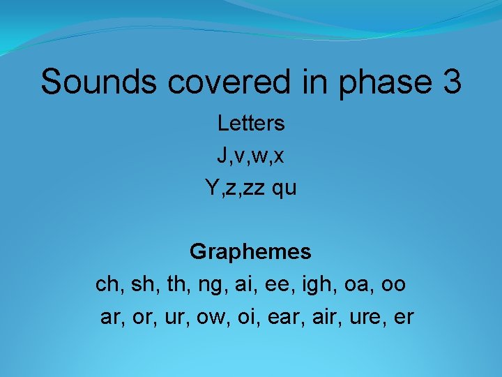Sounds covered in phase 3 Letters J, v, w, x Y, z, zz qu Sounds covered in phase 3 Letters J, v, w, x Y, z, zz qu