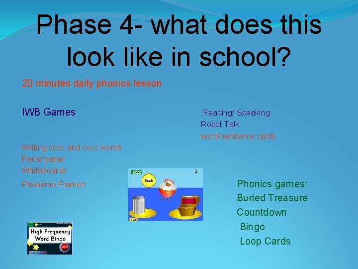 Phase 4 - what does this look like in school? 20 minutes daily phonics Phase 4 - what does this look like in school? 20 minutes daily phonics