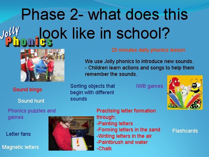 Phase 2 - what does this look like in school? 20 minutes daily phonics