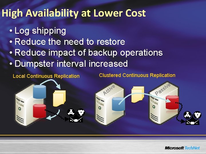 High Availability at Lower Cost • Log shipping • Reduce the need to restore