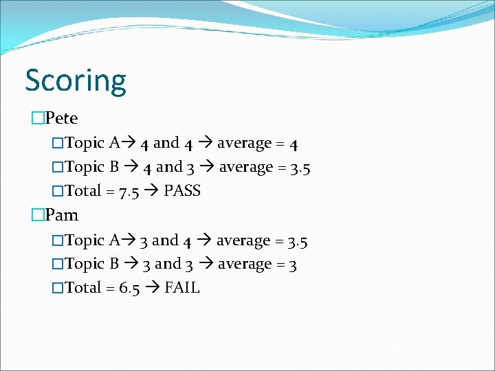 Scoring �Pete �Topic A 4 and 4 average = 4 �Topic B 4 and