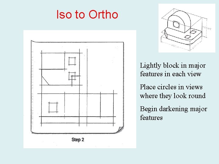 Iso to Ortho Lightly block in major features in each view Place circles in