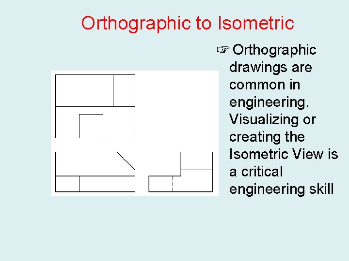 Orthographic to Isometric ☞ Orthographic drawings are common in engineering. Visualizing or creating the