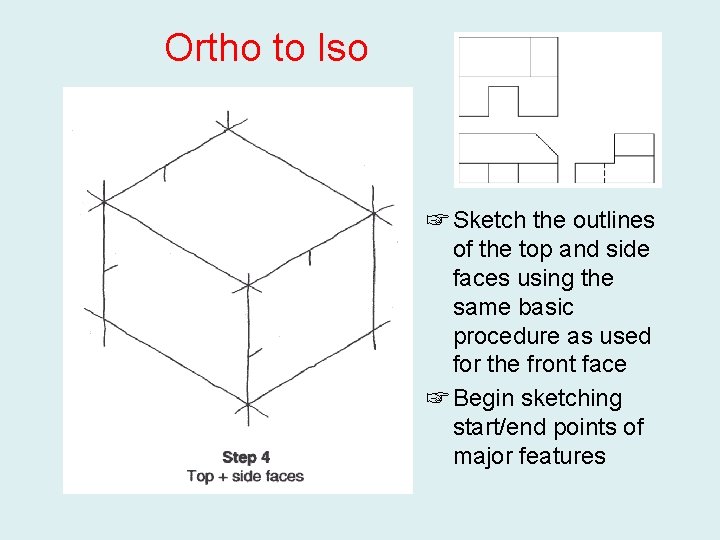 Ortho to Iso ☞ Sketch the outlines of the top and side faces using