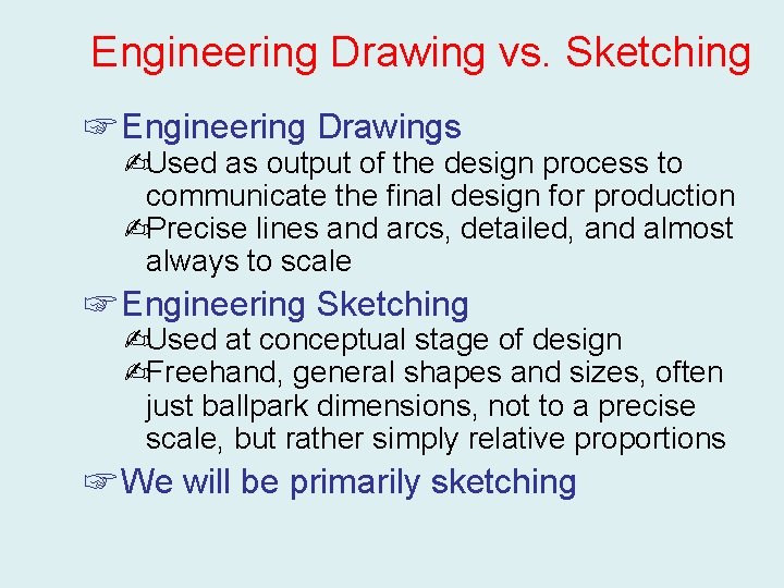 Engineering Drawing vs. Sketching ☞ Engineering Drawings ✍Used as output of the design process