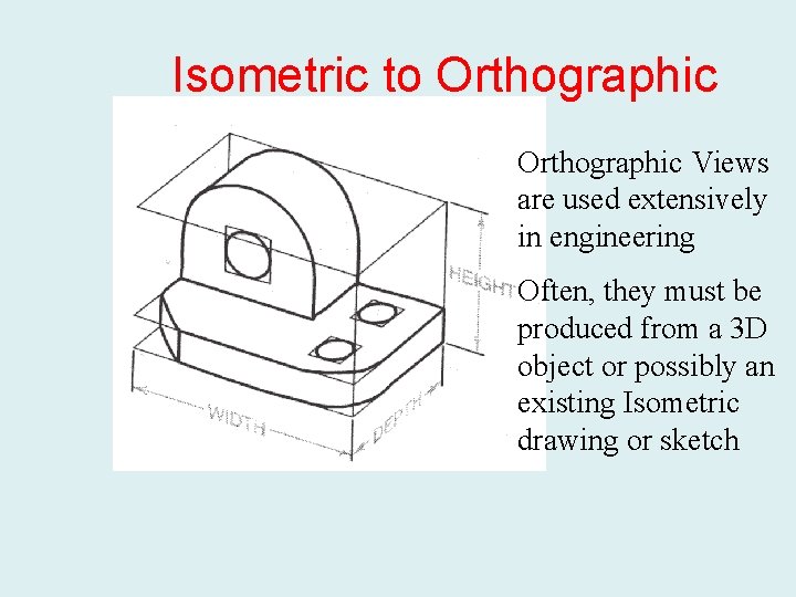 Isometric to Orthographic Views are used extensively in engineering Often, they must be produced