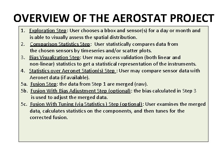 OVERVIEW OF THE AEROSTAT PROJECT 1. Exploration Step: User chooses a bbox and sensor(s)