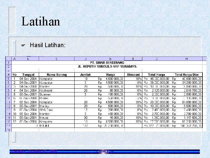 Latihan F Hasil Latihan: Tuesday, October 05, 2004 Excel 1. 34 