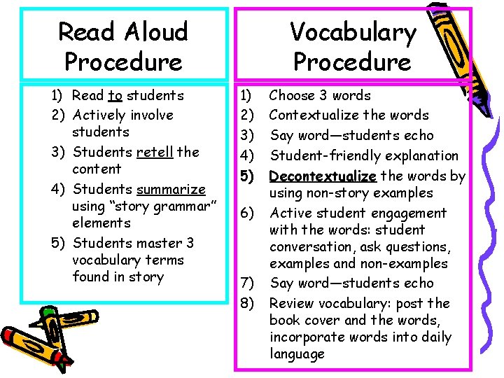 Read Aloud Procedure 1) Read to students 2) Actively involve students 3) Students retell