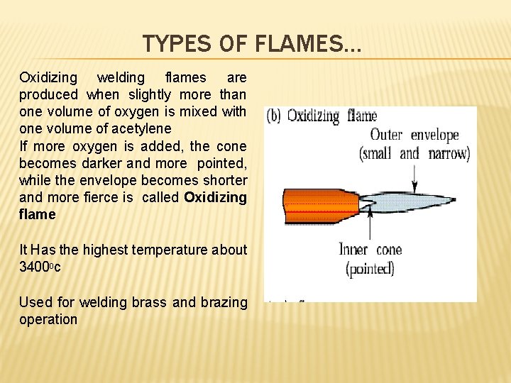 TYPES OF FLAMES… Oxidizing welding flames are produced when slightly more than one volume